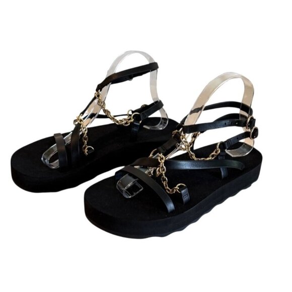 MAJE Frankie Black Gold Chain And Charm-Embellished Leather Sandals Size 9 - Picture 3 of 9